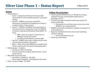 Status
• Overall Phase 1
• April 7 – Department Of General Services (VA)
issued TCOs for all rail facilities good for a period of
60 days
• April 24 – MWAA concurrence with DTP’s
Declaration of Substantial Completions for Phase 1
on April 9 (after 15 day review)
• April 27 - WMATA and MWAA reach agreement on
work that must be completed in order for WMATA
to declare a Operational Readiness Date (ORD) -33
items
• ORD - when the project is turned over to
WMATA custody and control
• Late May projected date to achieve ORD
• April 28 – MWAA issues letter to Macerich for work
to proceed with pavilion connection
• May 1 – DPZ concurs that MWAA has complied with
the SE conditions for the station landscaping plans
• Wiehle garage – Complete
• Connector staff in the facility
• Record of Decision roadway improvements –minor
work remains
• West Falls Church rail yard:
• Sound Box Completed – Feb 2014
• Noise Study Completed – Final Report to be issued
• Phase 1 project budget - $ 2.906B
Follow On Activities
• Following ORD WMATA has up to 90 days for testing,
employee training, and emergency drills prior to
passenger service
• Tri-State Oversight Committee will review project for
safety certification
• Estimated to be a 60 day process concurrent with
WMATA’s up to 90 day period
• WMATA will provide weekly press updates on progress of
outstanding work
• Regional coordination for bus service and marketing
outreach ongoing
• www. silverlinemetro.com
• Punch List and Testing
1
6 May 2014
 