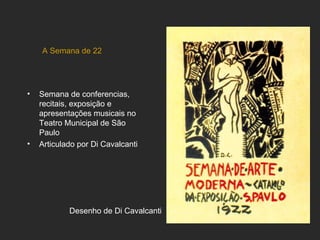 A Semana de 22




•   Semana de conferencias,
    recitais, exposição e
    apresentações musicais no
    Teatro Municipal de São
    Paulo
•   Articulado por Di Cavalcanti




            Desenho de Di Cavalcanti
 