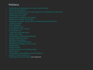 Webteca
•   Arte Moderna, Enciclopédia Itaú Cultural, Artes Plásticas
•   Museu de Arte Moderna
•   Acervo Virtual Museu de Arte Contemporânea da Universidade de São Paulo
•   Diego Rivera web museum
•   A Belle Époque Tropical
•   Modernismo no Brasil por Itaú Cultural
•   Modernismo no Brasil 1a e 2a fase
•   Modernismo brasileiro, Museu de Arte Contemporânea de São Paulo
•   Tarsilia do Amaral
•   Pintura Brasileira
•   Victor Brecheret site
•   Anita Malfatti no Itaú Cultural
•   Di Cavalcanti site
•   Tarsilia do Amaral site oficial
•   Instituto John Graz
•   Anita Malfatti por Marta Rosetti Batista
•   Oswaldo Goeldi site oficial
•   Manifesto Antropofágico
•   Manifesto da Poesia Pau Brasil
•   Manifesto Antropófago por Itaú Cultural
•   Projeto Goeldi
•   Projeto Portinari
•   Cândido Portinari por Annateresa Fabris
•   Mario Peixoto
•   Homenagem a Athos Bulcão, Correio Brasiliense
•   Museum of Latin American Art
•   Arte Moderno em las Fronteras (em espanhol)
 