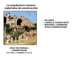 La arquitectura romana: materiales de construcción OPUS TECTORIUM  o CAEMENTICIUM (hormigón o  mortero  romano) SILLARES LADRILLO COCIDO VISTO MORTERO  u  HORMIGÓN ( OPUS CAEMENTICIUM) 