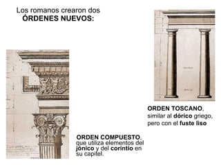 Los romanos crearon dos   ÓRDENES NUEVOS:  ORDEN COMPUESTO , que utiliza elementos del  jónico  y del  corintio  en su capitel.  ORDEN TOSCANO , similar al  dórico  griego, pero con el  fuste liso 
