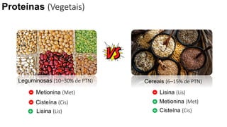 Leguminosas (10–30% de PTN)
Proteínas (Vegetais)
Cereais (6–15% de PTN)
Metionina (Met) Lisina (Lis)
Cisteína (Cis)
Lisina (Lis)
Metionina (Met)
Cisteína (Cis)
 
