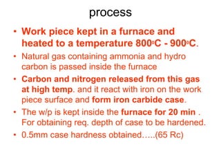 process
• Work piece kept in a furnace and
heated to a temperature 8000
C - 9000
C.
• Natural gas containing ammonia and hydro
carbon is passed inside the furnace
• Carbon and nitrogen released from this gas
at high temp. and it react with iron on the work
piece surface and form iron carbide case.
• The w/p is kept inside the furnace for 20 min .
For obtaining req. depth of case to be hardened.
• 0.5mm case hardness obtained…..(65 Rc)
 