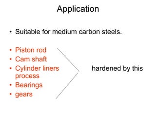 Application
• Suitable for medium carbon steels.
• Piston rod
• Cam shaft
• Cylinder liners hardened by this
process
• Bearings
• gears
 