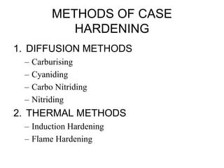 METHODS OF CASE
HARDENING
1. DIFFUSION METHODS
– Carburising
– Cyaniding
– Carbo Nitriding
– Nitriding
2. THERMAL METHODS
– Induction Hardening
– Flame Hardening
 