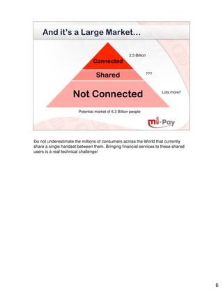 And it’s a Large Market…

                                                      2.5 Billion



                                                                ???



                                                                      Lots more!!




                       Potential market of 6.3 Billion people




Do not underestimate the millions of consumers across the World that currently
share a single handset between them. Bringing financial services to these shared
users is a real technical challenge!




                                                                                    6
 