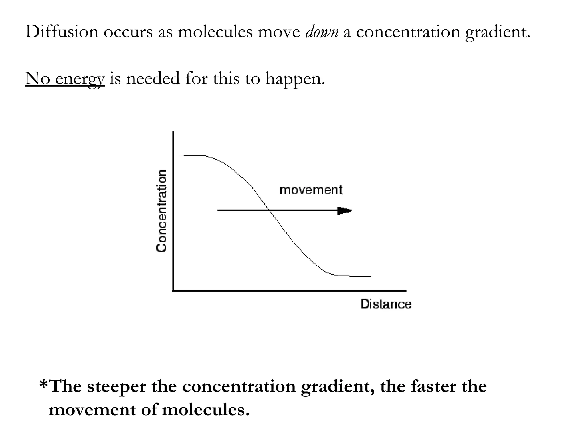 Diffusion occurs as molecules move  down  a concentration gradient. No energy  is needed for this to happen. *The steeper the concentration gradient, the faster the  movement of molecules. 