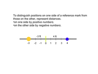 To distinguish positions on one side of a reference mark from
those on the other, represent distances.
•on one side by positive numbers.
•on the other side by negative numbers.
 