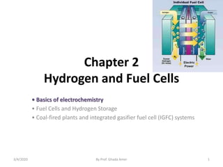 Chapter 2
Hydrogen and Fuel Cells
• Basics of electrochemistry
• Fuel Cells and Hydrogen Storage
• Coal-fired plants and integrated gasifier fuel cell (IGFC) systems
3/4/2020 By Prof. Ghada Amer 1
 