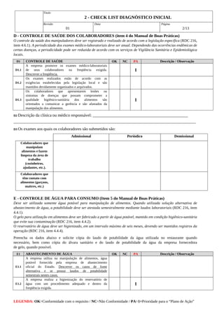 Titulo
2 ­ CHECK LIST DIAGNÓSTICO INICIAL
Revisão
01
Data Página
2/13
LEGENDA: OK=Conformidade com o requisito / NC=Não Conformidade / PA=1=Prioridade para o “Plano de Ação”
D ­ CONTROLE DE SAÚDE DOS COLABORADORES (item 4 do Manual de Boas Práticas)
O controle da saúde dos manipuladores deve ser registrado e realizado de acordo com a legislação específica (RDC 216,
item 4.6.1). A periodicidade dos exames médico­laboratoriais deve ser anual. Dependendo das ocorrências endêmicas de
certas doenças, a periodicidade pode ser reduzida de acordo com os serviços de Vigilância Sanitária e Epidemiológica
locais.
D1 CONTROLE DE SAÚDE OK NC PA Descrição / Observação
D1.1
A empresa promove os exames médico­laboratoriais
de seus colaboradores na freqüência exigida.
Descrever a freqüência.
1
D1.2
Os exames realizados estão de acordo com as
exigências estabelecidas pela legislação local e são
mantidos devidamente organizados e arquivados.
D1.3
Os colaboradores que apresentarem lesões ou
sintomas de doenças que possam comprometer a
qualidade higiênico­sanitária dos alimentos são
orientados a comunicar a gerência e são afastados da
manipulação dos alimentos.
1
D2 Descrição da clínica ou médico responsável: ______________________________________________
________________________________________________________________________________________
D3 Os exames aos quais os colaboradores são submetidos são:
Admissional Periódico Demissional
Colaboradores que
manipulam
alimentos e fazem
limpeza da área de
trabalho
(cozinheiros,
ajudantes, etc.).
Colaboradores que
têm contato com
alimentos (garçons,
maitres, etc.)
E ­ CONTROLE DE ÁGUA PARA CONSUMO (Item 5 do Manual de Boas Práticas)
Deve ser utilizada somente água potável para manipulação de alimentos. Quando utilizada solução alternativa de
abastecimento de água, a potabilidade deve ser atestada semestralmente mediante laudos laboratoriais (RDC 216, item
4.4.1).
O gelo para utilização em alimentos deve ser fabricado a partir de água potável, mantido em condição higiênico­sanitária
que evite sua contaminação (RDC 216, item 4.4.2).
O reservatório de água deve ser higienizado, em um intervalo máximo de seis meses, devendo ser mantidos registros da
operação (RDC 216, item 4.4.4).
Preencha os dados abaixo e solicite cópia do laudo de potabilidade da água utilizada no restaurante quando
necessário, bem como cópia do álvara sanitário e do laudo de potabilidade da água da empresa fornecedora
de gelo, quando possível.
E1 ABASTECIMENTO DE ÁGUA OK NC PA Descrição / Observação
E1.1
A empresa utiliza na manipulação de alimentos, água
potável fornecida pela empresa de abastecimento
oficial do Estado. Descrever os casos de fonte
alternativa e se possui laudos de potabilidade
semestrais nestes casos.
E1.2
A empresa realiza a higienização do reservatório de
água com um procedimento adequado e dentro da
freqüência exigida.
1
 