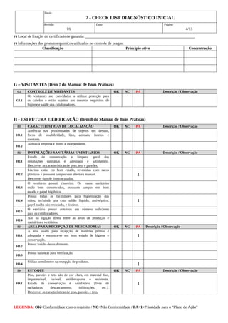 Titulo
2 ­ CHECK LIST DIAGNÓSTICO INICIAL
Revisão
01
Data Página
4/13
LEGENDA: OK=Conformidade com o requisito / NC=Não Conformidade / PA=1=Prioridade para o “Plano de Ação”
F8 Local de fixação do certificado de garantia: _________________________________________________________
F9 Informações dos produtos químicos utilizados no controle de pragas:
Classificação Princípio ativo Concentração
G – VISITANTES (Item 7 do Manual de Boas Práticas)
G1 CONTROLE DE VISITANTES OK NC PA Descrição / Observação
G1.1
Os visitantes são convidados a utilizar proteção para
os cabelos e estão sujeitos aos mesmos requisitos de
higiene e saúde dos colaboradores.
H ­ ESTRUTURA E EDIFICAÇÃO (Item 8 do Manual de Boas Práticas)
H1 CARACTERÍSTICAS DE LOCALIZAÇÃO OK NC PA Descrição / Observação
H1.1
Ausência nas proximidades de objetos em desuso,
focos de insalubridade, lixo, animais, insetos e
roedores.
H1.2
Acesso à empresa é direto e independente.
H2 INSTALAÇÕES SANITÁRIAS E VESTIÁRIOS OK NC PA Descrição / Observação
H2.1
Estado de conservação e limpeza geral das
instalações sanitárias é adequado e satisfatório.
Descrever as características de piso, teto e paredes.
H2.2
Lixeiras estão em bom estado, revestidas com sacos
plásticos e possuem tampas sem abertura manual.
Descrever tipo de lixeiras usadas.
1
H2.3
O vestiário possui chuveiro. Os vasos sanitários
estão bem conservados, possuem tampas em bom
estado e papel higiênico
H2.4
Possui todas as facilidades para higienização das
mãos, incluindo pia com sabão líquido, anti­séptico,
papel toalha não reciclado, e lixeiras.
1
H2.5
O vestiário possui armários em número suficiente
para os colaboradores.
H2.6
Não há ligação direta entre as áreas de produção e
sanitários e vestiários.
H3 ÁREA PARA RECEPÇÃO DE MERCADORIAS OK NC PA Descrição / Observação
H3.1
A área usada para recepção de matérias primas é
adequada e encontra­se em bom estado de higiene e
conservação.
1
H3.2
Possui balcão de recebimento.
H3.3
Possui balanças para verificação.
H3.4
Utiliza termômetro na recepção de produtos.
1
H4 ESTOQUE OK NC PA Descrição / Observação
H4.1
Piso, paredes e teto são de cor clara, em material liso,
impermeável, lavável, antiderrapante e resistente.
Estado de conservação é satisfatório (livre de
rachaduras, descascamento, infiltrações, etc.).
Descrever as características de piso, paredes e teto.
1
 