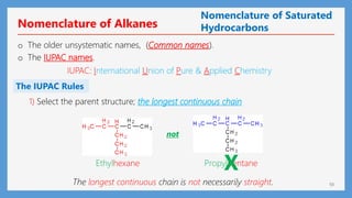 10
Nomenclature of Alkanes
Nomenclature of Saturated
Hydrocarbons
The IUPAC Rules
o The older unsystematic names, (Common names).
o The IUPAC names.
IUPAC: International Union of Pure & Applied Chemistry
1) Select the parent structure; the longest continuous chain
The longest continuous chain is not necessarily straight.
not
Ethylhexane Propylpentane
X
 