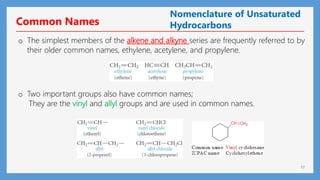 17
Common Names
o The simplest members of the alkene and alkyne series are frequently referred to by
their older common names, ethylene, acetylene, and propylene.
o Two important groups also have common names;
They are the vinyl and allyl groups and are used in common names.
Nomenclature of Unsaturated
Hydrocarbons
 