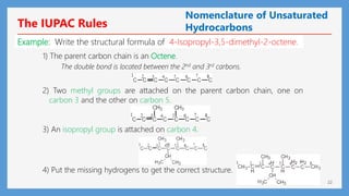 22
Example: Write the structural formula of 4-Isopropyl-3,5-dimethyl-2-octene.
1) The parent carbon chain is an Octene.
The double bond is located between the 2nd and 3rd carbons.
2) Two methyl groups are attached on the parent carbon chain, one on
carbon 3 and the other on carbon 5.
3) An isopropyl group is attached on carbon 4.
4) Put the missing hydrogens to get the correct structure.
The IUPAC Rules
Nomenclature of Unsaturated
Hydrocarbons
 