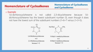 26
o Example
1,6-dichlorocyclohexene is not called 2,3-dicyclohexene because 1,6-
dichlorocyclohexene has the lowest substituent number (1), even though it does
not have the lowest sum of the substituent numbers (1+6=7 versus 2+3=5).
1
2
3
4
5
6 CH3
1
2
3
4
5
6
Cl
Cl
1,6-Dichlorocyclohexene
2,3-Dichlorocyclohexene 4-Ethyl-2-methylcyclohexene
NOT NOT
H3CH2C
5-Ethyl-1-methylcyclohexene
because 1<2 because 1<2
Nomenclature of Cycloalkenes
Nomenclature of Cycloalkanes
and Cycloalkenes
 