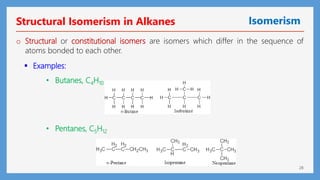 28
Structural Isomerism in Alkanes
o Structural or constitutional isomers are isomers which differ in the sequence of
atoms bonded to each other.
 Examples:
• Butanes, C4H10
• Pentanes, C5H12
Isomerism
 