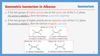 32
Geometric Isomerism in Alkenes Isomerism
o If the two groups of higher priority are on opposite sides of the C=C plane,
The isomer is labeled E; (from the German entgegen, opposite).
o If the two groups of higher priority are on the same side of the C=C plane,
The isomer is labeled Z; (from the German zusammen, together).
 
