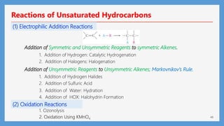 48
Reactions of Unsaturated Hydrocarbons
(1) Electrophilic Addition Reactions
Addition of Unsymmetric Reagents to Unsymmetric Alkenes; Markovnikov’s Rule.
Addition of Symmetric and Unsymmetric Reagents to symmetric Alkenes.
1. Addition of Hydrogen: Catalytic Hydrogenation
2. Addition of Halogens: Halogenation
1. Addition of Hydrogen Halides
2. Addition of Sulfuric Acid
3. Addition of Water: Hydration
4. Addition of HOX: Halohydrin Formation
(2) Oxidation Reactions
1. Ozonolysis
2. Oxidation Using KMnO4
 
