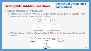 49
Electrophilic Addition Reactions
1. Addition of Hydrogen: Hydrogenation
o Addition of a mole of hydrogen to carbon-carbon double bond of Alkenes in the
presence of suitable catalysts to give an Alkane.
o With an ordinary nickel or platinum catalyst, Alkynes are hydrogenated all the way to
alkanes.
Reactions of Unsaturated
Hydrocarbons
 