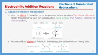 50
Electrophilic Addition Reactions
Reactions of Unsaturated
Hydrocarbons
o When an alkene is treated at room temperature with a solution of bromine or chlorine in
carbon tetrachloride to give the corresponding vicinal dihalide (two halogens attached to
adjacent carbons)
o Bromine adds to alkynes as follows; In the first step, the addition occurs mainly trans.
2. Addition of Halogen: Halogenation
 