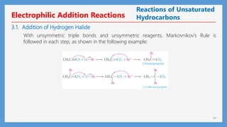 57
Electrophilic Addition Reactions
Reactions of Unsaturated
Hydrocarbons
With unsymmetric triple bonds and unsymmetric reagents, Markovnikov’s Rule is
followed in each step, as shown in the following example:
3.1. Addition of Hydrogen Halide
 