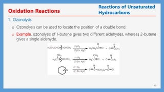 60
Oxidation Reactions
Reactions of Unsaturated
Hydrocarbons
o Ozonolysis can be used to locate the position of a double bond.
o Example, ozonolysis of 1-butene gives two different aldehydes, whereas 2-butene
gives a single aldehyde.
1. Ozonolysis
 