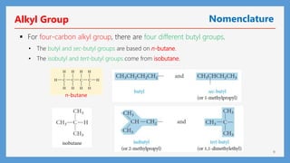 9
Alkyl Group Nomenclature
 For four-carbon alkyl group, there are four different butyl groups.
n-butane
• The butyl and sec-butyl groups are based on n-butane.
• The isobutyl and tert-butyl groups come from isobutane.
 