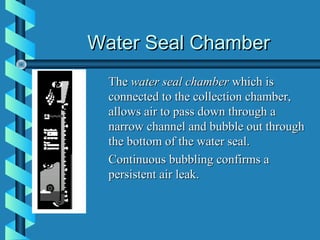 Water Seal Chamber
  The water seal chamber which is
  connected to the collection chamber,
  allows air to pass down through a
  narrow channel and bubble out through
  the bottom of the water seal.
  Continuous bubbling confirms a
  persistent air leak.
 