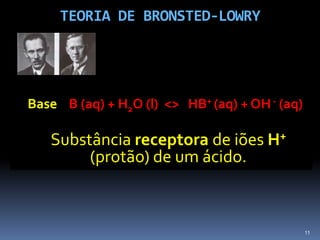 TEORIA DE BRONSTED-LOWRYBase    B (aq) + H2O (l)  <>   HB+ (aq) + OH - (aq)Substância receptora de iões H+(protão) de um ácido.11