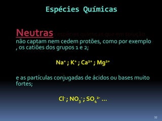 Espécies QuímicasÁcidasue em solução só podeHNO3HCl H2SO4CH3COOH 29