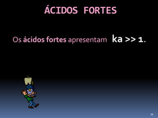 SOLUÇÕES DE ÁCIDOS FORTESA ionização de um ácido forte é total :HA (aq) + H2O (l)   >    A- (aq) + H3O + (aq)Como    H3O + =  HA       então:pH = -log  H3O + = -log  HA 33