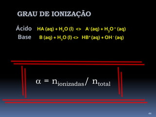 pH - SOLUÇÕES DE ÁCIDOS FRACOSA ionização de um ácido fraco é parcial :HA (aq) + H2O (l)                   A- (aq) + H3O + (aq)pH = - log H3O+total   onde :  H3O+total=  H3O+ácido +  H3O +águaNormalmente despreza-se  a [H3O+] da água41