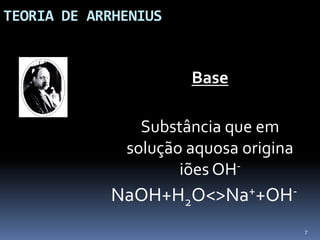 TEORIA DE ARRHENIUSBase	Substância que em solução aquosa origina iões OH-NaOH+H2O<>Na++OH-7