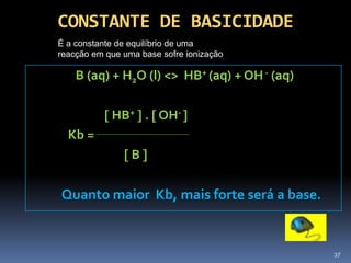 CONSTANTE DE ACIDEZ (Ka)<br />É a constante de equilíbrio de uma reacção em que um ácido sofre ionização<br />HA (aq) + H2...