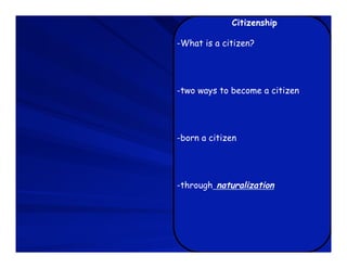 Citizenship

-What is a citizen?




-two ways to become a citizen




-born a citizen




-through naturalization
 