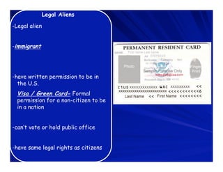 Legal Aliens

-Legal alien


-immigrant




-have written permission to be in
  the U.S.
  Visa / Green Card- Formal
  permission for a non-citizen to be
  in a nation


-can’t vote or hold public office


-have same legal rights as citizens
 