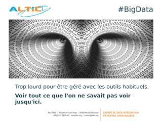 #BigData




Trop lourd pour être géré avec les outils habituels.
Voir tout ce que l'on ne savait pas voir
jusqu'ici.
 