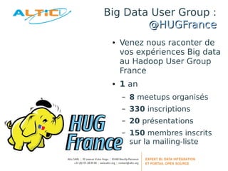 Big Data User Group :
        @HUGFrance
 ●   Venez nous raconter de
     vos expériences Big data
     au Hadoop User Group
     France
 ●   1 an
     –   8 meetups organisés
     –   330 inscriptions
     –   20 présentations
     –   150 membres inscrits
         sur la mailing-liste
 