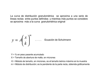 La curva de distribución granulométrica se aproxima a una serie de
lineas rectas entre puntos definidos y mientras más puntos se considere
se aproxima más a la curva granulométrica original




                   m
       x
 y = A                 .....     Ecuación de Schuhmann
      k

Y = % en peso pasante acumulado
X = Tamaño de abertura de malla, en micrones
K = Módulo de tamaño, en micrones, es el tamaño teórico máximo en la muestra
m = Módulo de distribución; es la pendiente de la parte recta, obtenida gráficamente
 