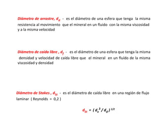 Diámetro de arrastre, dd - es el diámetro de una esfera que tenga la misma
resistencia al movimiento que el mineral en un fluido con la misma viscosidad
y a la misma velocidad




Diámetro de caída libre , df - es el diámetro de una esfera que tenga la misma
 densidad y velocidad de caída libre que el mineral en un fluído de la misma
viscosidad y densidad




Diámetro de Stokes , dSt - es el diámetro de caída libre en una región de flujo
laminar ( Reynolds = 0,2 )

                                       dSt = ( dv3 / dd ) 1/2
 
