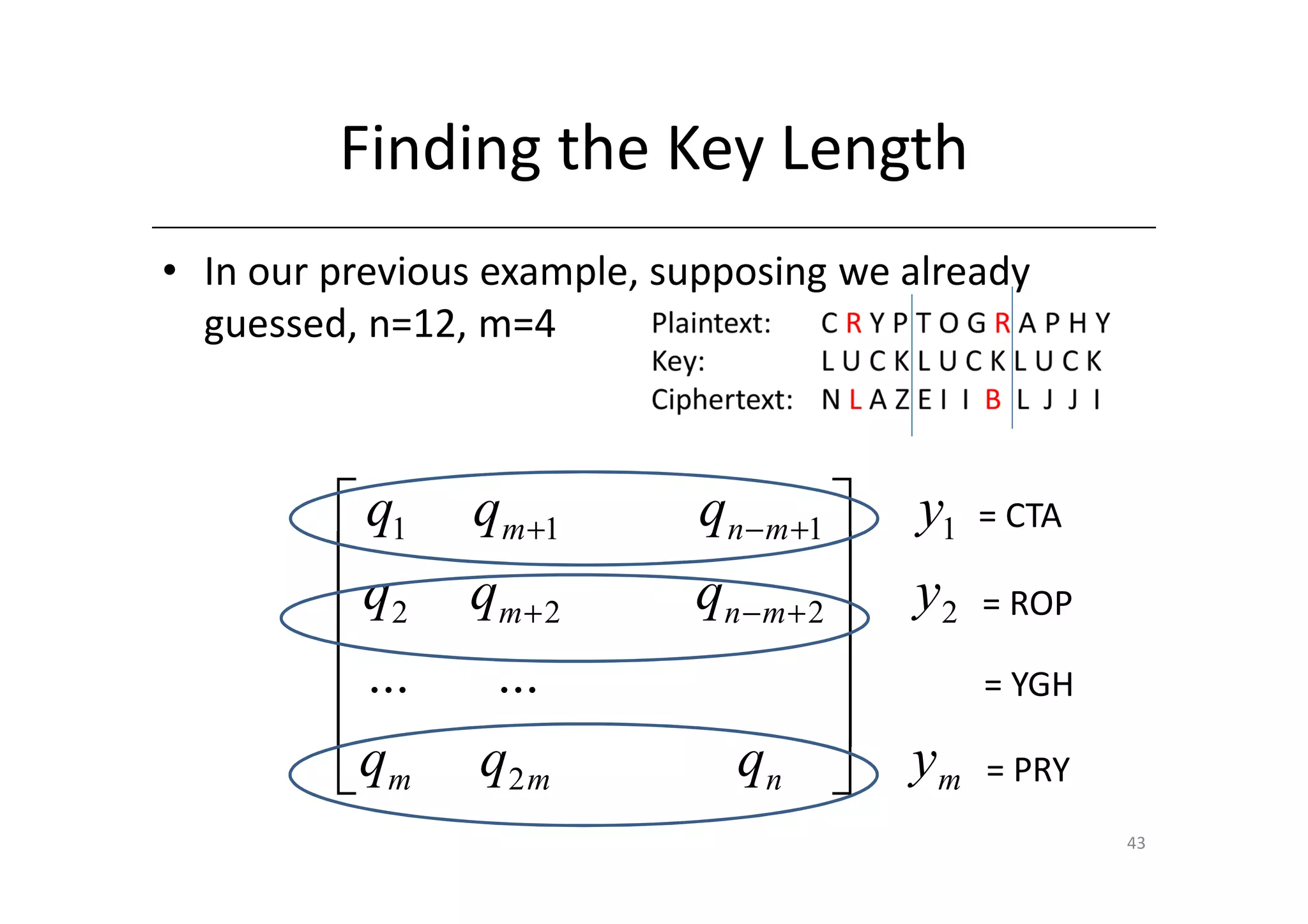 Finding the Key Length
• In our previous example, supposing we already
  guessed, n=12, m=4



          q1    qm +1      qn − m +1     y1   = CTA
         q      qm + 2                
                            qn − m + 2    y2
          2                                    = ROP
          ...    ...                          = YGH
                                      
          qm    q2 m         qn          ym   = PRY
                                                        43
 