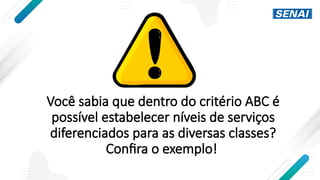 Você sabia que dentro do critério ABC é
possível estabelecer níveis de serviços
diferenciados para as diversas classes?
Confira o exemplo!
 