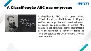 A Classificação ABC nas empresas
A classificação ABC criada pelo italiano
Vilfredo Pareto, no final do século 19 para
verificar o comportamento da distribuição
de renda da população, a técnica ABC
passou a ser utilizada como instrumento
para se examinar e controlar todos os
itens do estoque de determinado sistema
de operações.
 