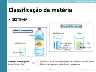 Classificação da matéria




Classificação da matéria
• SISTEMA




Química – 1º ano Ens. Médio   1º Período         Profa. Rebeca Vale
 