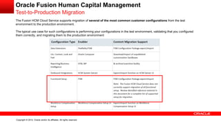 Copyright © 2012, Oracle and/or its affiliates. All rights reserved.
Oracle Fusion Human Capital Management
Test-to-Production Migration
The Fusion HCM Cloud Service supports migration of several of the most common customer configurations from the test
environment to the production environment.
The typical use case for such configurations is performing your configurations in the test environment, validating that you configured
them correctly, and migrating them to the production environment
 