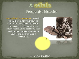 ANTON VAN LEEUWENHOEK, ARTESÃO
  HOLANDÊS, NUMA TENTATIVA DE
 VERIFICAR A QUALIDADE DA ROUPA
  QUE COMPRAVA, CONSTRUIU UM
MICROSCÓPIO ONDE OBSERVOU PELA
 PRIMEIRA VEZ MICROORGANISMOS
    VIVOS, DESIGNANDO-OS DE
         “ANIMÁCULOS”.




                      by   Ana Kastro
 