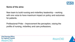 Some of the aims:
New team to build nursing and midwifery leadership – working
with one voice to have maximum impact on policy and outcomes
for patients.
Professional Pride – Improvement the perception, raising the
profile of nursing, midwifery and care professions.
 