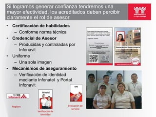 Si logramos generar confianza tendremos una
mayor efectividad, los acreditados deben percibir
claramente el rol de asesor
• Certificación de habilidades
   – Conforme norma técnica
• Credencial de Asesor
   – Producidas y controladas por
     Infonavit
• Uniforme
   – Una sola imagen
• Mecanismos de aseguramiento
   – Verificación de identidad
     mediante Infonatel y Portal
     Infonavit



  Registro                      Evaluación de
                                   servicio
              Verificación de
                identidad
 
