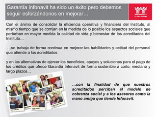 Garantía Infonavit ha sido un éxito pero debemos
seguir esforzándonos en mejorar…
Con el ánimo de consolidar la eficiencia operativa y financiera del Instituto, al
mismo tiempo que se corrijan en la medida de lo posible los aspectos sociales que
perturban en mayor medida la calidad de vida y bienestar de los acreditados del
Instituto…

 …se trabaja de forma continua en mejorar las habilidades y actitud del personal
que atiende a los acreditados

y en las alternativas de ejercer los beneficios, apoyos y soluciones para el pago de
los créditos que ofrece Garantía Infonavit de forma sostenible a corto, mediano y
largo plazos…


                                      …con la finalidad de que nuestros
                                      acreditados perciban al modelo de
                                      cobranza social y a los asesores como la
                                      mano amiga que tiende Infonavit.
 