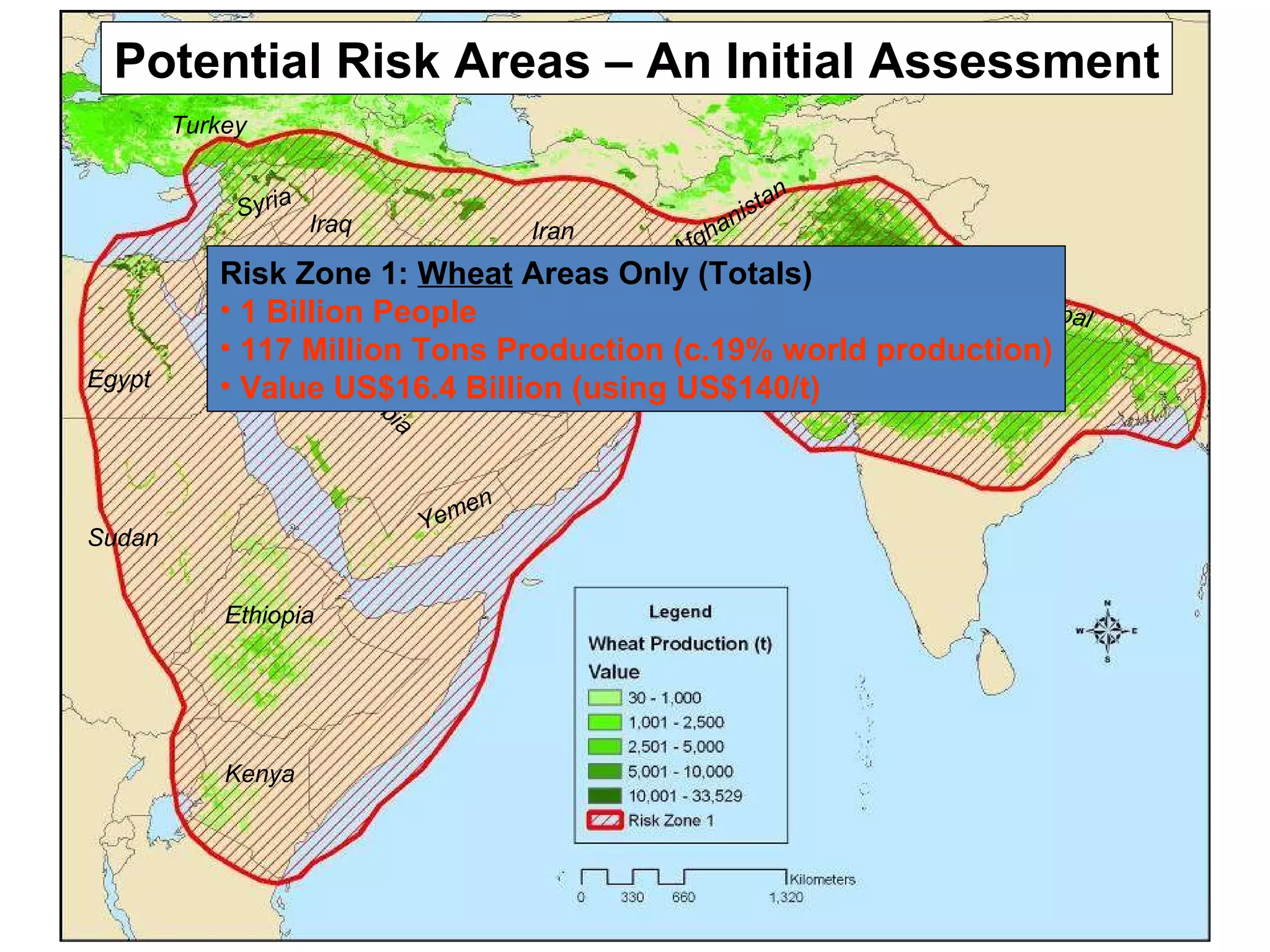Risk Zone 1:  Wheat  Areas Only (Totals) 1 Billion People 117 Million Tons Production (c.19% world production) Value US$16.4 Billion (using US$140/t) Potential Risk Areas – An Initial Assessment Turkey Iran Saudi Arabia Afghanistan Pakistan India Egypt Sudan Ethiopia Kenya Iraq Syria Nepal Yemen 
